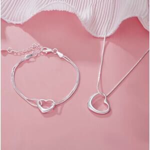 925 Stamp silver color bracelet heart design 7” necklace 18” set